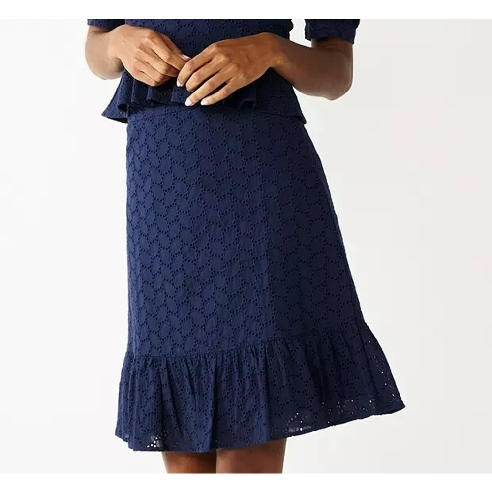 Draper James RSVP Eyelet Skirt Size 0 Navy Blue Cotton Ruffle Casual Spring